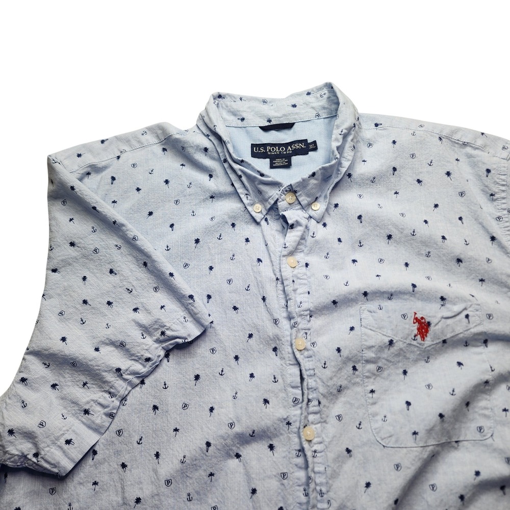 US Polo‎ Assn Mens Short Sleeve Button Up Shirt Palm Tree Anchor Print Size 3XL